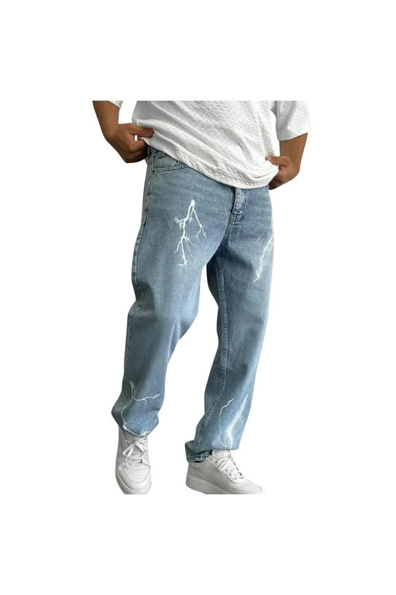 Fashion YLSDY Men's Ripped Pencil Jeans Casual Mid Waist Slim Fit Skinny Denim Pants Washed Distressed Destroyed Trousers Blue L