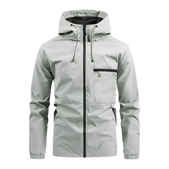 Fashion YLSDY Men's Solid Zip Up Drawstring Pocket Hooded Jacket,Regular Fit Casual Long Sleeve Outerwear Waterproof Windbreaker Shell Jacket Gray XL