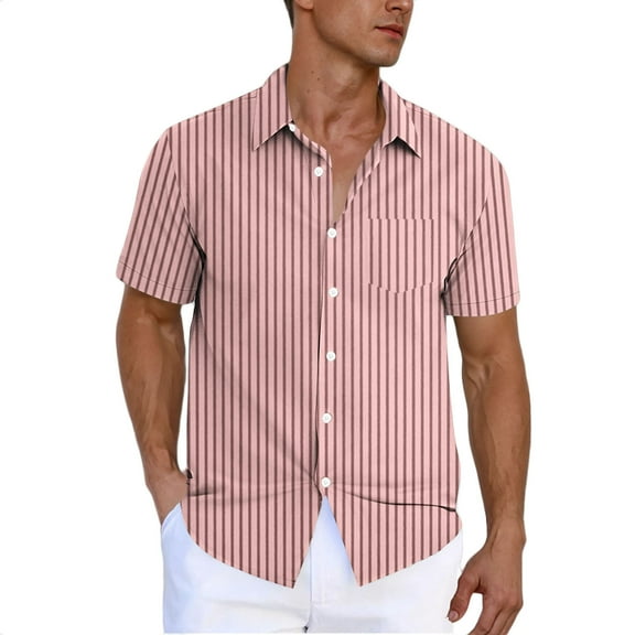 Fashion YLSDY Men's Striped Button Down Shirt - Casual Short Sleeve Regular Fit Business Dress Shirts Summer Fashion Tee Tops with Pocket Pink XXL