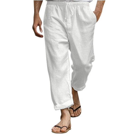 Fashion YLSDY Men's Summer Long Pants Loose Stretchy Waist Casual Drawstring Cotton Linen Trousers Lightweight Vacation Beach Pants White XXL