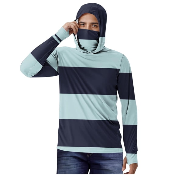 Fashion YLSDY Men's Sun Protection Hoodie Shirt with Face Mask Neck Gaiter Thumb Hole Striped Color Block Rash Guard Big&Tall Light Blue XL