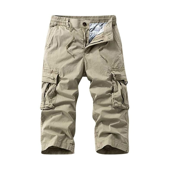 Fashion YLSDY Mens Cargo Shorts 8''Pants Fashion Multi Pocket Drawstring Waist Button Zip Closure Loose Comfy Wide Leg Sweatpant Khaki XXXL