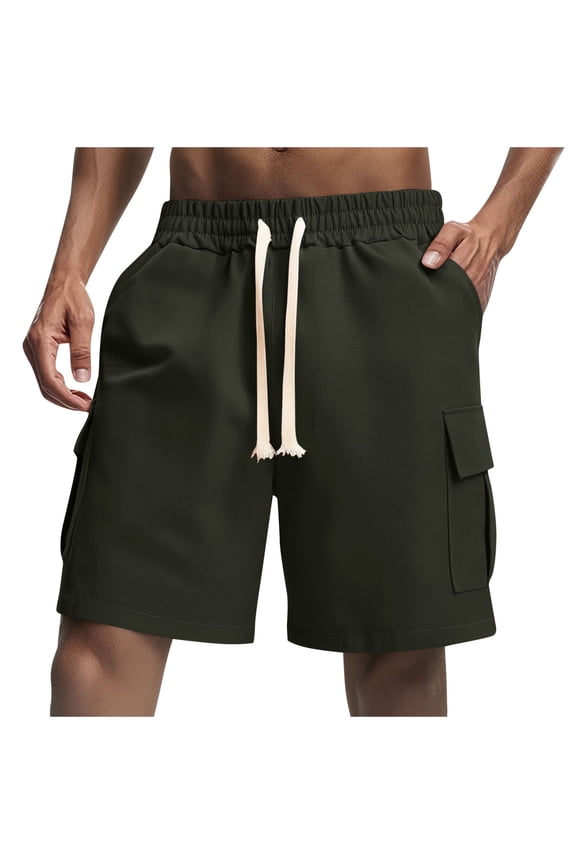 Fashion YLSDY Mens Cargo Shorts Solid Drawstring Elastic Waist Active Sweat Short Straight Leg Pockets Breathable Beach Pants Army Green M