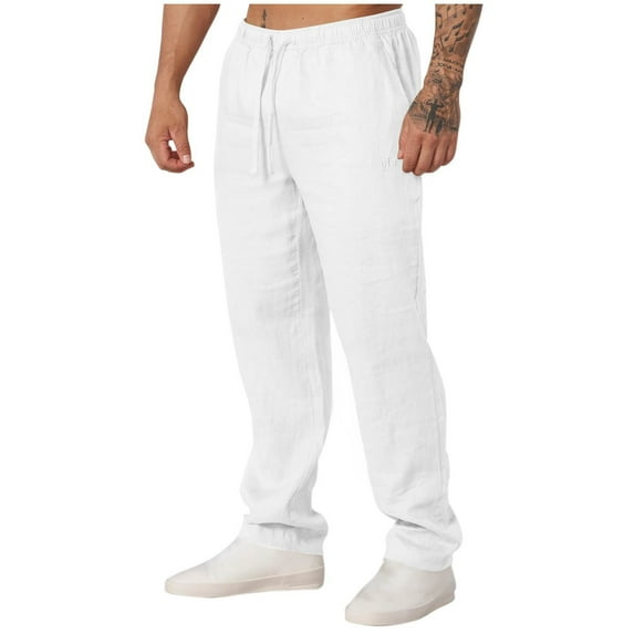 Fashion YLSDY Mens Casual Linen Pants Loose Fit Elastic Drawstring Waist Straight-Legs Summer Yoga Beach Long Pants White 6