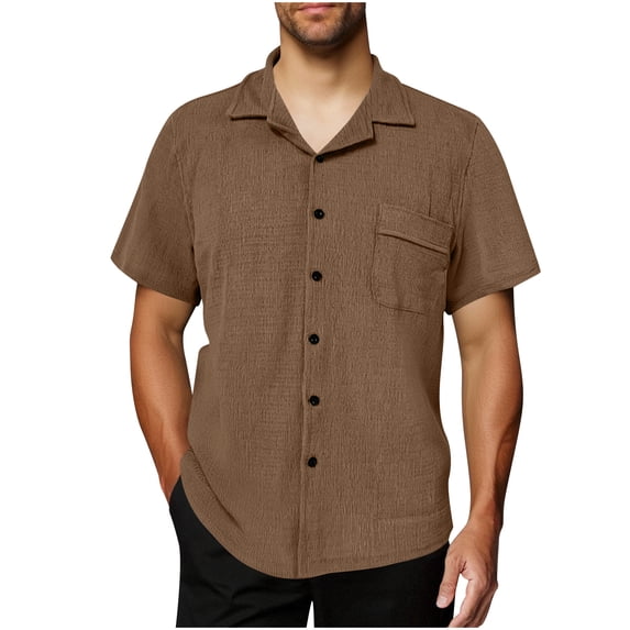 Fashion YLSDY Mens Casual Short Sleeve Button Down Shirts Cuban Collared Linen Textured Shirt Summer Vacation Beach Tops Coffee XXL