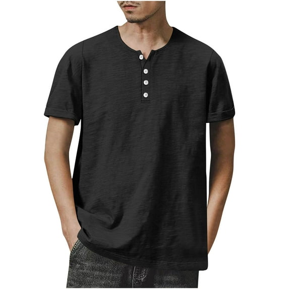 Fashion YLSDY Mens Cotton Henley Shirts Collarless Short Sleeve Button Down Shirt Lightweight Breathable Golf Athletic Work Tshirts Black XXXL