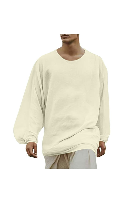Fashion YLSDY Mens Cotton Linen Shirts Oversized Fashion Lantern Long Sleeve Crewneck Loose Gauze T-Shirt Casual Hippie Blouse Tops Beige M