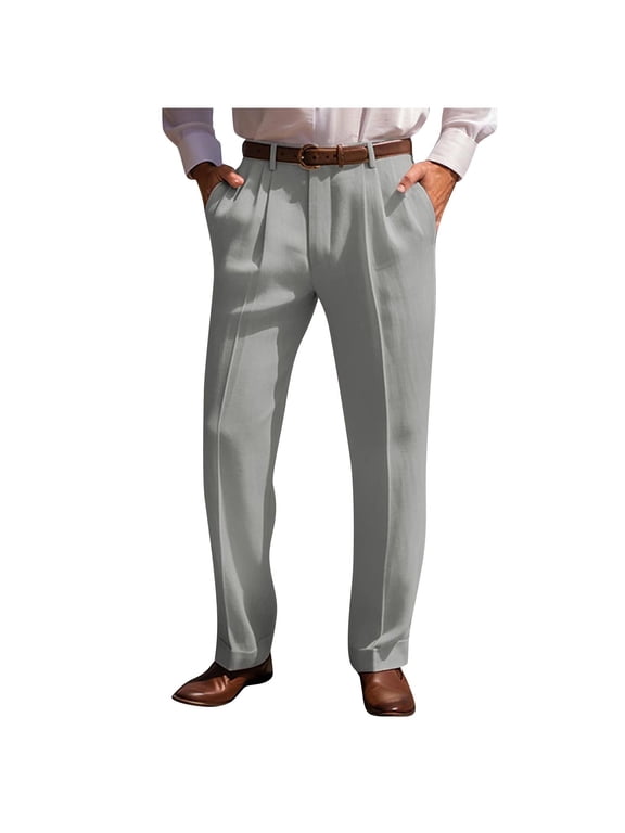 Fashion YLSDY Mens Cotton Linen Trouser Classic Fit Pleat Front Straight Leg Regular Fit Pants Summer Casual Big & Tall Solid Slacks Gray XL