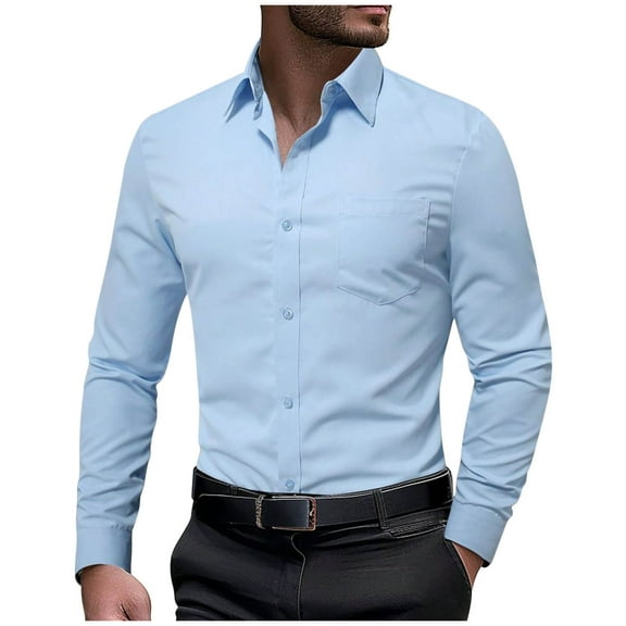 Fashion YLSDY Mens Dress Shirts Business Stretch Long Sleeve Collared Casual Solid Wedding Dating Button Down Shirt Light Blue L