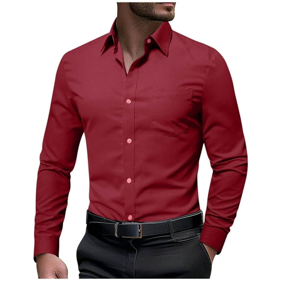 Fashion YLSDY Mens Dress Shirts Business Stretch Long Sleeve Collared Casual Solid Wedding Dating Button Down Shirt Wine XL