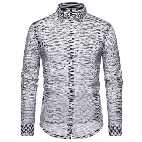 Fashion YLSDY Mens Fishnet See Through Shirts Casual Long Sleeve Button Down Collared Hollow Out Sheer Shirts Party Night Club Wear Gray M