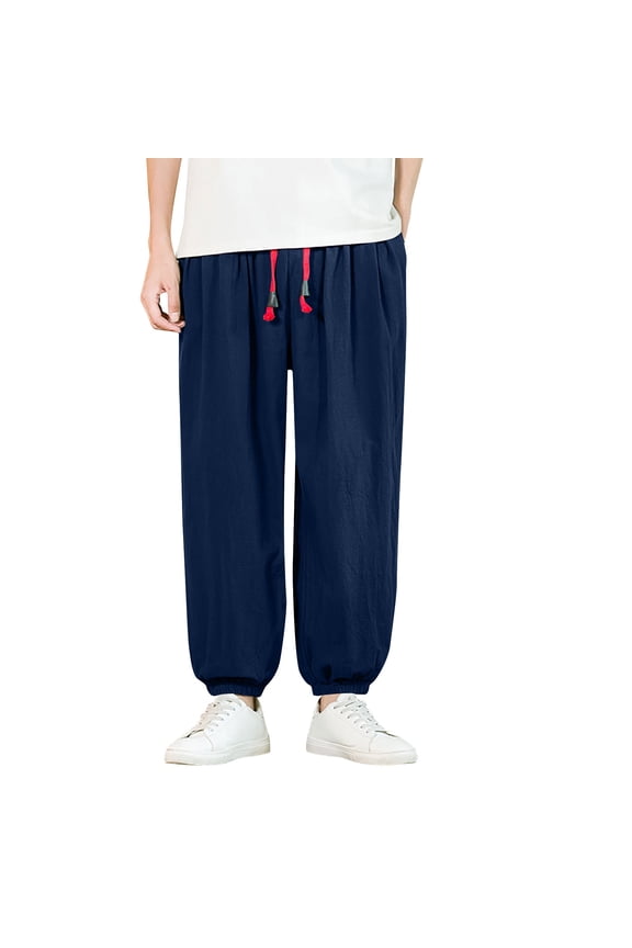 Fashion YLSDY Mens Hippie Harem Pants Casual Elastic Drawstring Tapered Pants Solid Color Baggy Yoga Drop Crotch Trouser Navy M