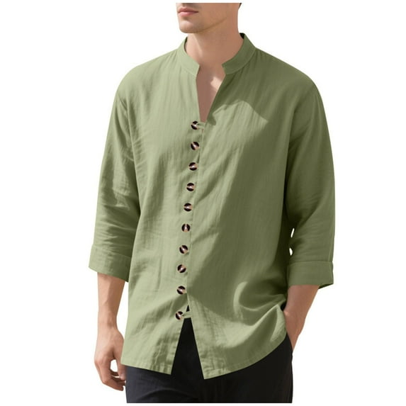 Fashion YLSDY Mens Linen Shirt Short Sleeve Button Down Collar T Shirt Blouses Casual Solid Color Summer Vacation Beach Shirts Army Green XL