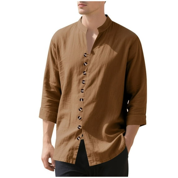 Deals YLSDY Mens Linen Shirt Short Sleeve Button Down Collar T Shirt Blouses Casual Solid Color Summer Vacation Beach Shirts Coffee L