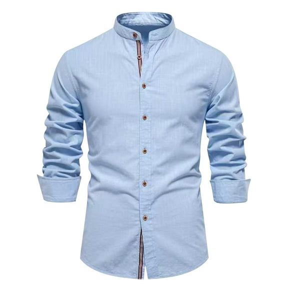 Fashion YLSDY Mens Long Sleeve Cotton Linen T-Shirt Button Down Band Collar Beach Tops Casual Button Up Summer Oxford Dress Shirt Sky Blue S