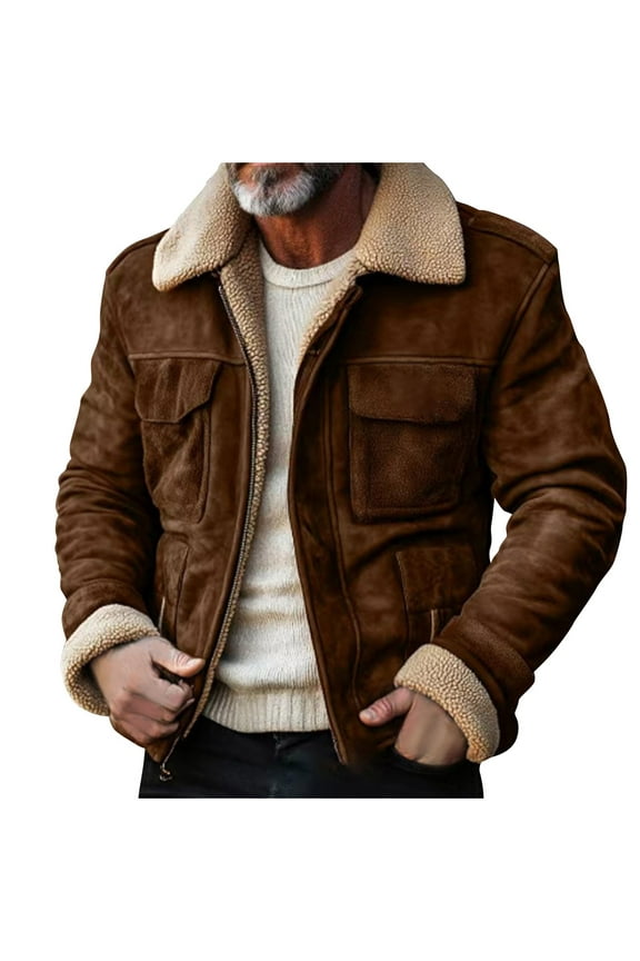 Fashion YLSDY Mens Shearling Bomber Suede Jacket Winter Warm Faux Leather Suede Jackets Vintage Sherpa Lined Fleece Overcoats Coffee L