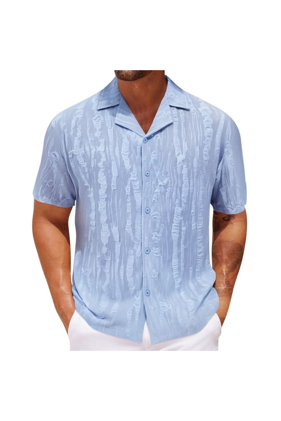 Fashion YLSDY Mens Short Sleeve Button Down Shirts Casual Seersucker Textured Cotton Shirt Summer Vacation Beach Shirts Blue XXXL