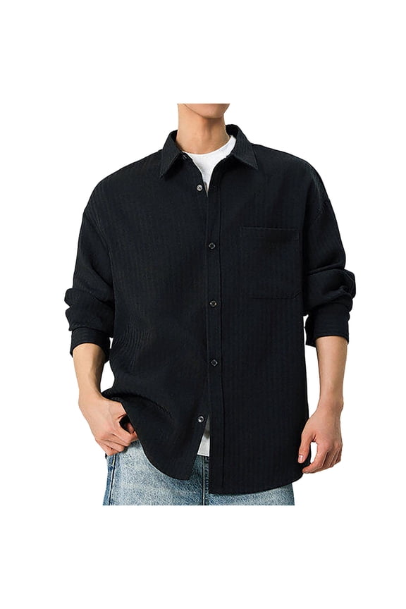 Fashion YLSDY Mens Striped Button Down Shirt Collar Long Sleeve Shirts 2025 Trendy Casual Loose Color Block Blouse Tops with Pocket Black XL