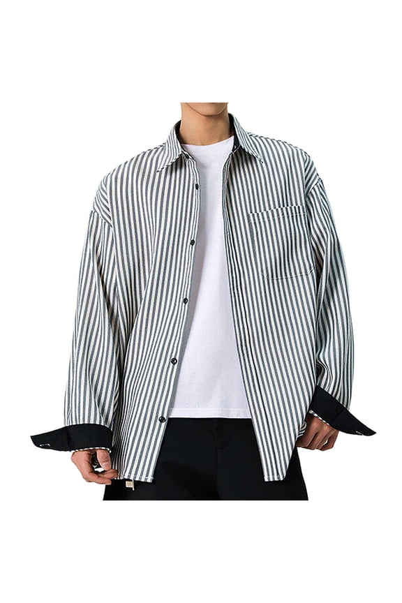 Fashion YLSDY Mens Striped Button Down Shirt Collar Long Sleeve Shirts 2025 Trendy Casual Loose Color Block Blouse Tops with Pocket Gray XXL