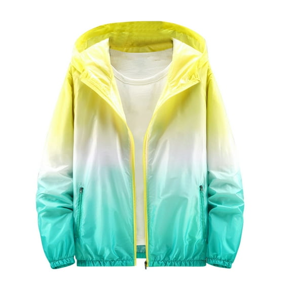 Fashion YLSDY Mens Sun Protection Jackets Hoodie Sun Shirts Unisex Gradient Color Full Zipper Coat Hiking Running Athletic Outwear Yellow L
