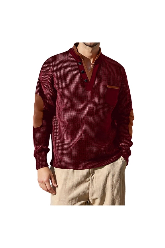 Fashion YLSDY Mens Waffle Sweatshirt with Elbow Patches Long Sleeve Stand Collar 1/4 Button Up Pullover Tops Retro with Chest Pocket Wine XXXL
