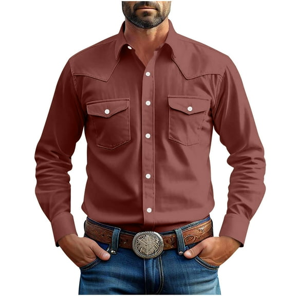 Fashion YLSDY Mens Western Cowboy Shirts Button Up Shirts Vintage Collared Long Sleeve Work Shirts for Men with Two Pockets Wine XL