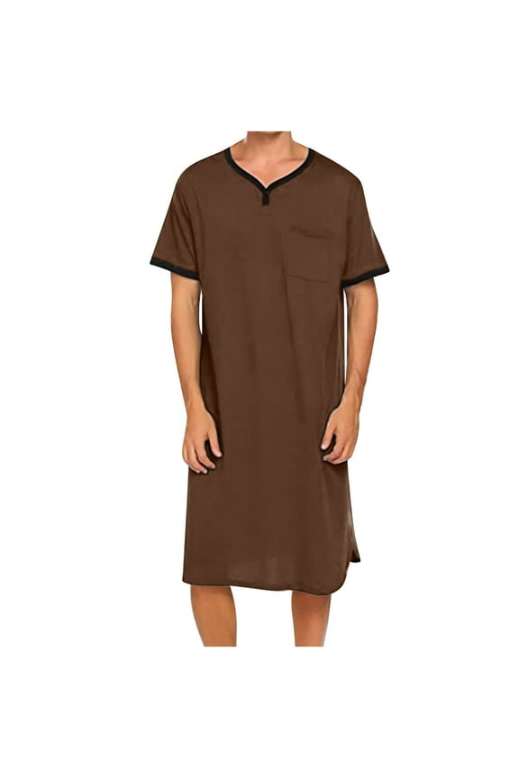 Fashion YLSDY Nightshirt for Men Nightgown Short Sleeve V Neck Sleepshirt Pajama Shirt Summer Comfy Big & Tall Henley Sleep Gowns Brown XL