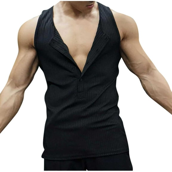 Fashion YLSDY Sleeveless Beach Shirts for Men Summer Casual Ribbed Knit Athletic Gym Tank Top Button Down Muscle Tee Henley T-Shirt Black L