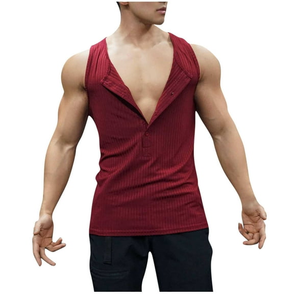 Fashion YLSDY Sleeveless Beach Shirts for Men Summer Casual Ribbed Knit Athletic Gym Tank Top Button Down Muscle Tee Henley T-Shirt Wine S
