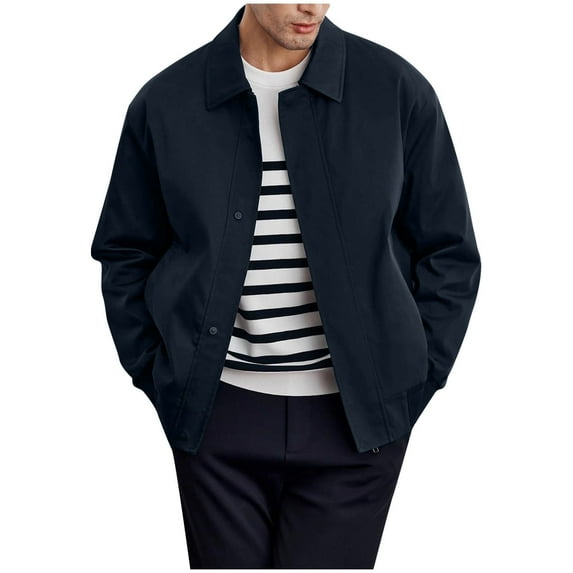 Fashion YLSDY Vintage Zip up Jacket Men Fall Casual Loose Retro Collared Short Coat Solid Color Turndown Collar Street Outwears Navy L