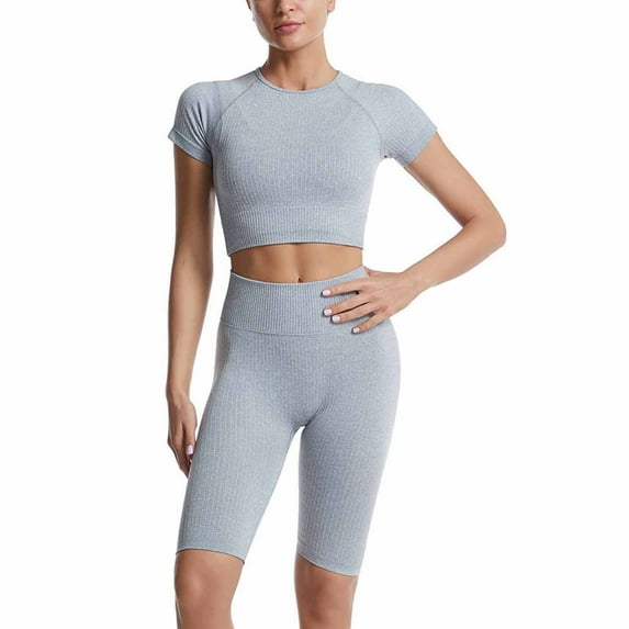 Yoga Sets for Women Skinny Short Sleeve Crop Tops with Capri Leggings Ribbed Leggings Yoga Pants 2PC Gym Workout Sets Tights Gray,L