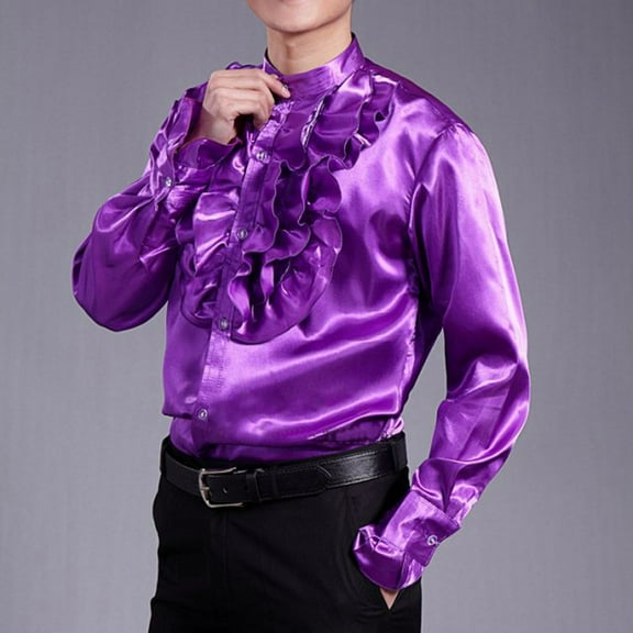 Abomasnow Men's Satin Ruffled Shirts Casual Fall Long Sleeves Button Down Blouses Party Hippie Performance Dress Shirts