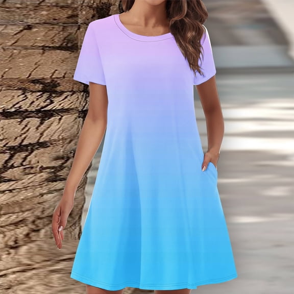 Cxenplz Women's Casual Short Sleeve Dress Summer Loose Fit T-Shirt Sundress Gradient Color Swing Beach Dresses