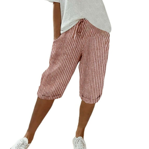Deals of The Day Clearance Elastic Waist Striped Casual Short Pants Loose Cotton and Linen Shorts on Sale Clearance