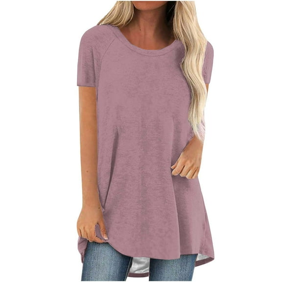 FAFWYP Women's Summer Plus Size Tunic Tops Casual Round Neck Short Sleeve Long Flowy T-Shirts Blouses