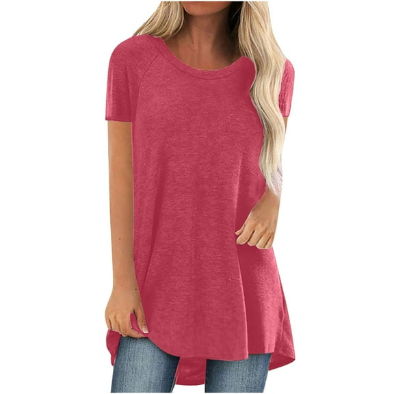 FAFWYP Women's Summer Plus Size Tunic Tops Casual Round Neck Short Sleeve Long Flowy T-Shirts Blouses