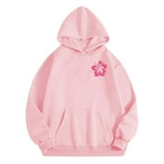 ZICTH Pink Palm Puff Hoodie with Drawstring on Sale Clearance