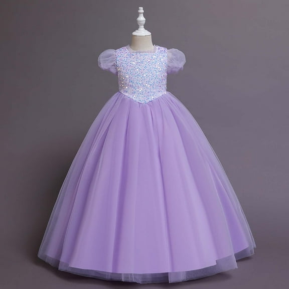 LADIGASU Children Dress Girl Puff Sleeve Princess Dress Long Sequin Dress Canonicals
