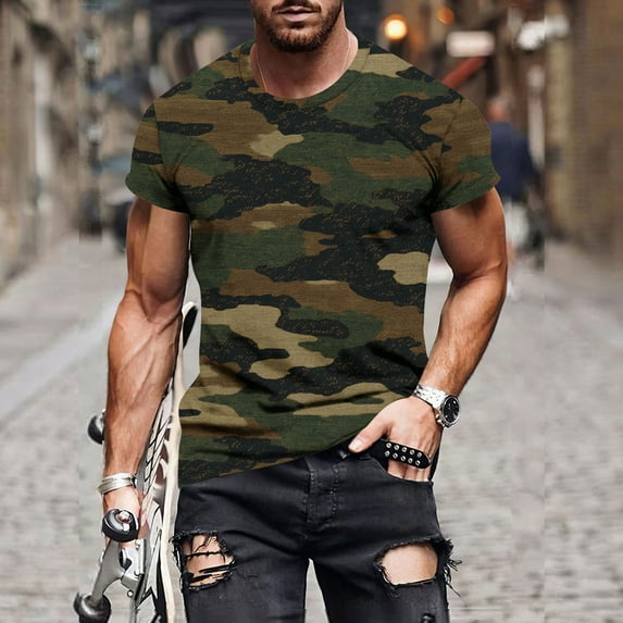 LADIGASU Men Print Fallow Round Neck T-shirt Casual Fashion Short Sleeve