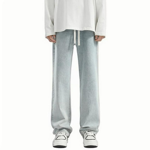 Miqool Mens Baggy Pull-on Jeans Elastic Waist Casual Loose Wide Leg Denim Pants Work Office Streetwear(Light Blue, L)