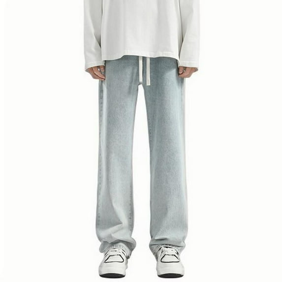 Miqool Mens Baggy Pull-on Jeans Elastic Waist Casual Loose Wide Leg Denim Pants Work Office Streetwear(Light Blue, XXXL)