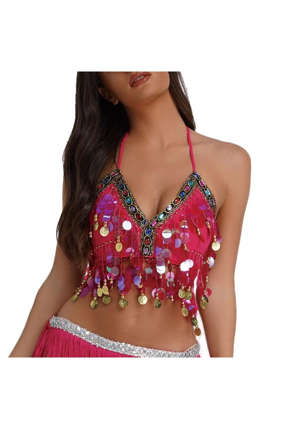 Women's Sparkly Sequin Cami Tops Sexy V-Neck Spaghetti Strap Halter Backless Club Party Glitter Crop Tops Rave Clubwear