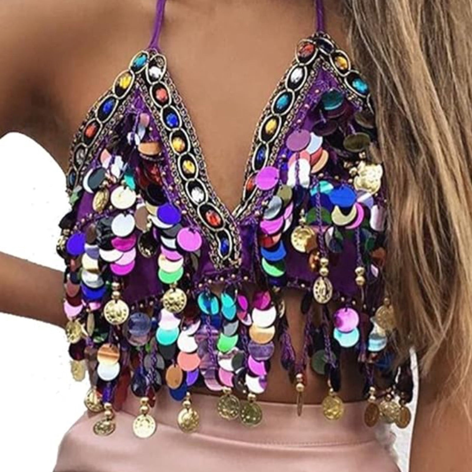 SHENHE Women's Sparkly Sequin Halter Crop Top - Backless Asymmetrical Rave & Party Top - View #9