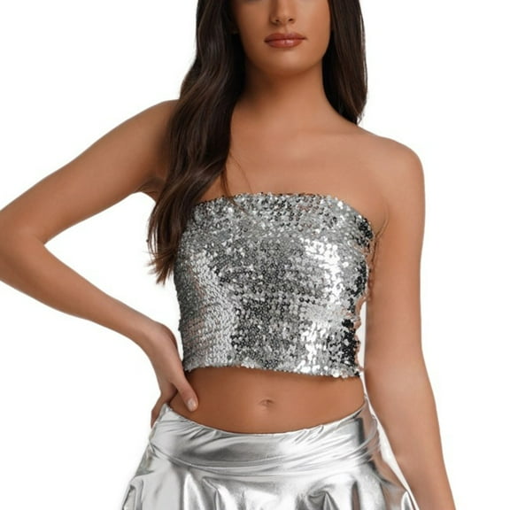 Miqool Women's Sparkly Sequin Mermaid Crop Tops Sexy Strapless Metallic Shiny Stretchy Tube Tops for Party Clubwear