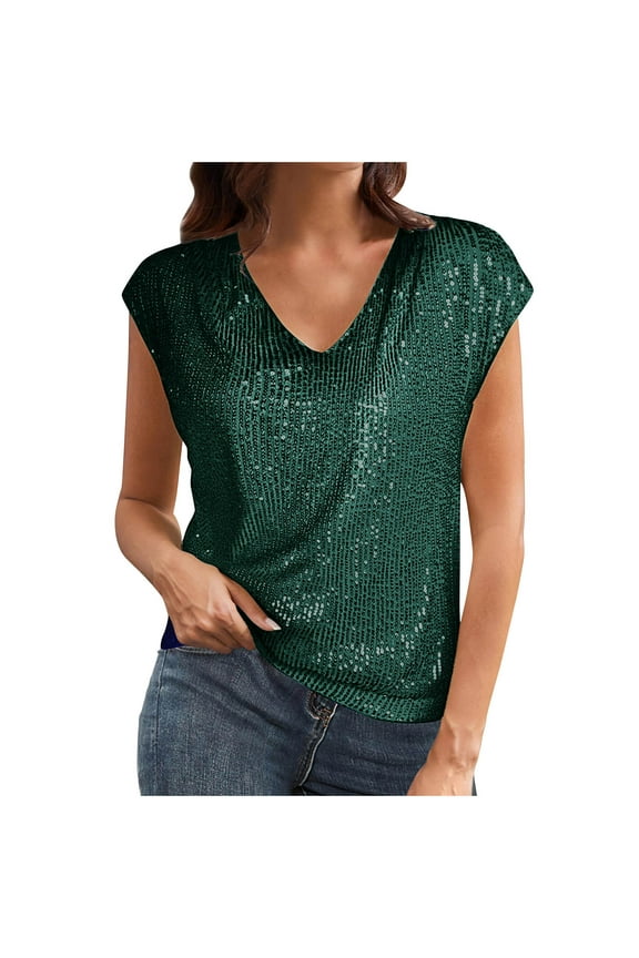 Women's Sparkly Sequin Top V Neck Cap Sleeve Club Party Concert Glitter Shirts Shimmer Blouses