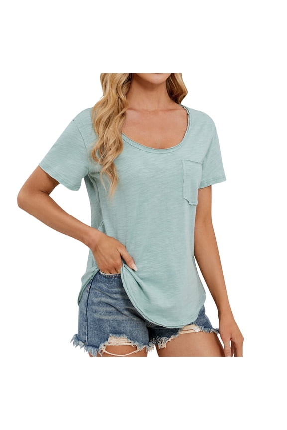 Blouses for Women Dressy Casual Short Sleeve Crewneck Tee Shirts Fashion Solid Color Curved Hem Tunic Tops with Pockets
