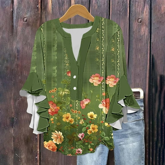 Abomasnow Spring Tops for Women 2025 Casual 3/4 Ruffle Sleeve Tunic Tops Fashion Button Down V Neck Blouses