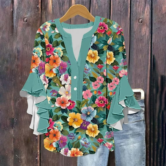 Abomasnow Spring Tops for Women 2025 Casual 3/4 Ruffle Sleeve Tunic Tops Fashion Button Down V Neck Blouses