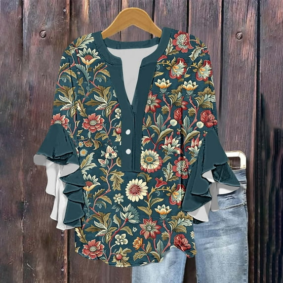 Deals of The Week Clearance Abomasnow Spring Tops for Women 2025 Casual 3/4 Ruffle Sleeve Tunic Tops Fashion Button Down V Neck Blouses