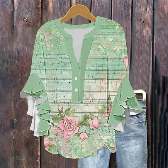 Abomasnow Spring Tops for Women 2025 Casual 3/4 Ruffle Sleeve Tunic Tops Fashion Button Down V Neck Blouses